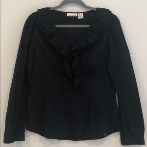 DKNY black long sleeve blouse with ruffles size M